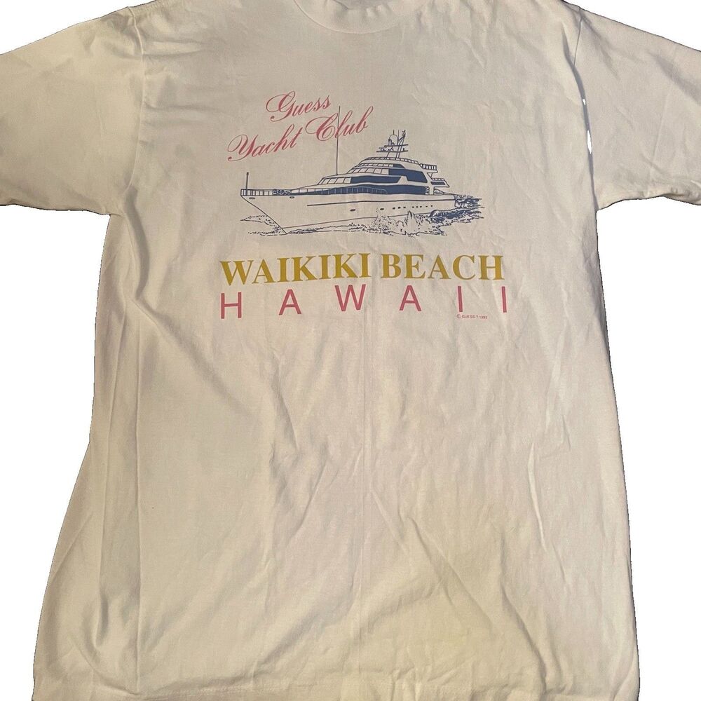 VTG 90s Guess Yacht Club Tee Single Stitch Old Money Waikiki Hawaii T-Shirt L - Picture 1 of 9